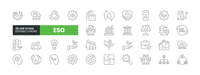 Set of 36 ESG Enviornmental, Social, and Governance line icons set. ESG outline icons with editable stroke collection. Includes Governance, climate crisis, sustainability, ecology, and More.