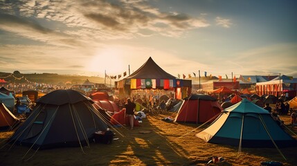 Tent city. Shot of a campsite filled with many colorful tents at an outdoor festival, concept of music festival and camping events.