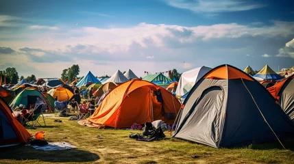 Fotobehang Tent city. Shot of a campsite filled with many colorful tents at an outdoor festival, concept of music festival and camping events. © JW Studio