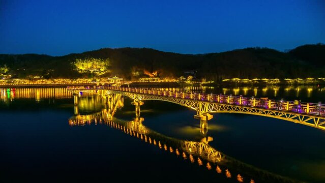 Time Lapse-Wolyeonggyo bridge at night is located of Nakdong river, Andong, South Korea.