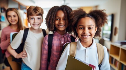 Portrait of cheerful smiling diverse schoolchildren standing posing in classroom holding notebooks and backpacks looking at camera happy after school reopen. Diversity. Back to school concept. 