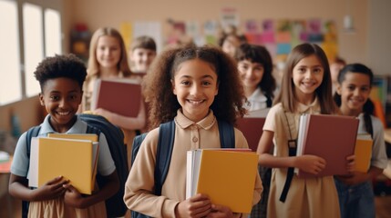 Portrait of cheerful smiling diverse schoolchildren standing posing in classroom holding notebooks and backpacks looking at camera happy after school reopen. Diversity. Back to school concept. 