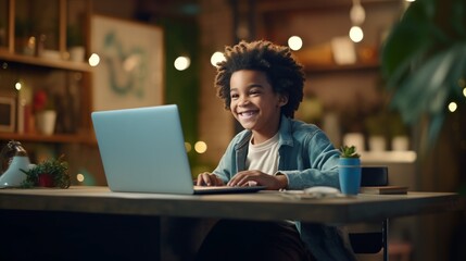Smiling school boy spending time with notebook and modern technology studying online at home.