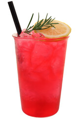 Iced red lemon soda decorated with a sprig of rosemary on top