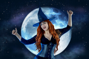 Witch on Halloween. Female wizard fairy character for All Saints' Day. Fantasy gothic red-haired...