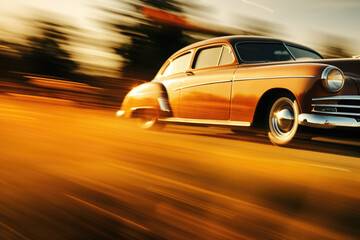 Obraz premium Car is driving on country road with motion blur effect. Retro car is moving at high speed in natural landscape