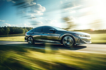 Car is driving on country road with motion blur effect. Modern car is moving at high speed in...