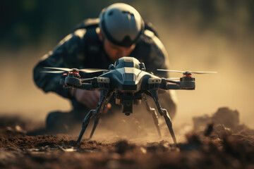 Soldier launches reconnaissance drone. Modern technology at war. Military forces using fight quadcopter at conflict zone - obrazy, fototapety, plakaty