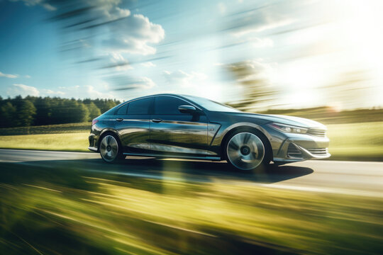 Car Is Driving On Country Road With Motion Blur Effect. Modern Car Is Moving At High Speed In Natural Landscape