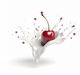 Cherry and milk splash isolated on white background. 3d rendering