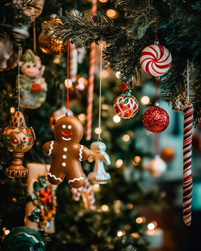 Close-up of a Christmas tree decorated with baubles, lights, gingerbread and candies.