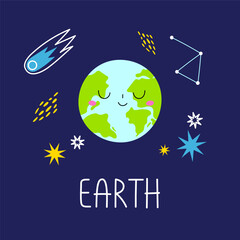 The Planet with name Earth. Cute celestial body with smiling face at outer space.  The Planet of the solar system. Cartoon astronomical object at night sky. Vector illustration card.