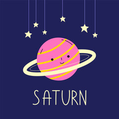 The Planet with name Saturn. Cute celestial body with smiling face at outer space.  The Planet of the solar system. Cartoon astronomical object at night sky. Vector illustration card. © missccarrot