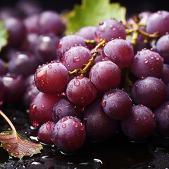 Fresh ripe red grapes with water drops on black background, closeup