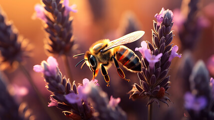 Bee's Dance Among Purple Lavenders at sunset or dawn with a yellow sky. Generative AI - obrazy, fototapety, plakaty