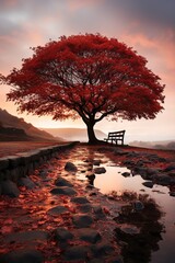 Beautiful red tree in the morning with a bench in the foreground