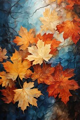 Naklejka na ściany i meble Autumn maple leaves on blue watercolor background. Fall season.