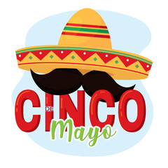 Cinco de mayo lettering with traditional hat and mustsache Vector