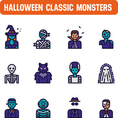 Halloween monsters icon. Classic monsters vector set. Color icon design. 31 October