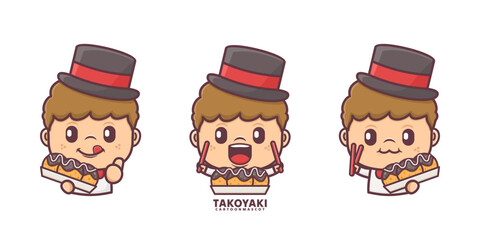 cute cartoon mascot with takoyaki. set cartoon vector with different expressions