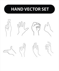 Woman's hand icon collection line. Vector Illustration of female hands of different gestures - symbol Gun, Fuck You, heart. Lineart in a trendy minimalist style.