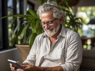 Obraz premium 70 years old man sitting with cellphone in hand.