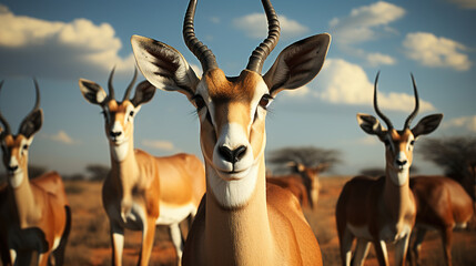 African Elegance. A herd of springbok looking at the camera. Wild african animals. Generative AI - obrazy, fototapety, plakaty