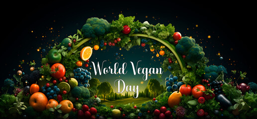 Illustration World vegan day concept. Healthy and organic fruits and vegetables. Generative ai