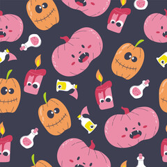 Colourful seamless pattern for Halloween. Square design with smiling pumpkin, candle and potion.