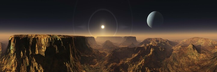 Mars from orbit, panorama of Mars, Marsim landscape, sunrise over Mars, 3D rendering © ustas