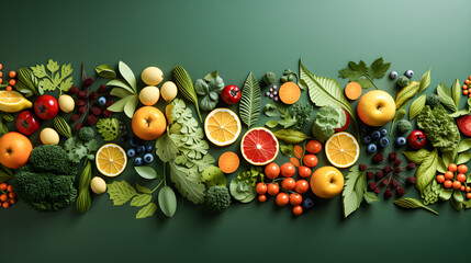 Papercut style fruit and vegetable background. World vegan day. Green background and copy space - Powered by Adobe