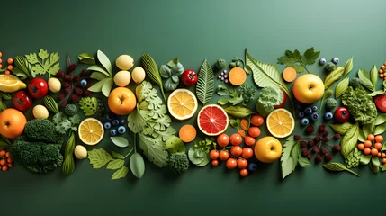Poster Papercut style fruit and vegetable background. World vegan day. Green background and copy space © JMarques