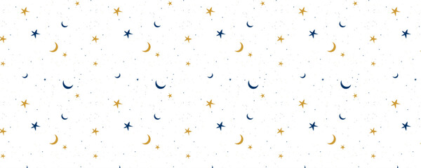 seamless pattern with starry sky. Moon and stars. Trendy minimalist seamless pattern with creative hand drawn composition. 