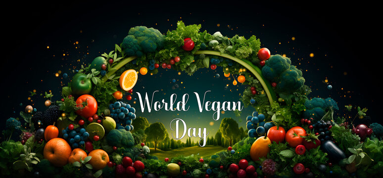 Illustration World vegan day concept. Healthy and organic fruits and vegetables. Generative ai