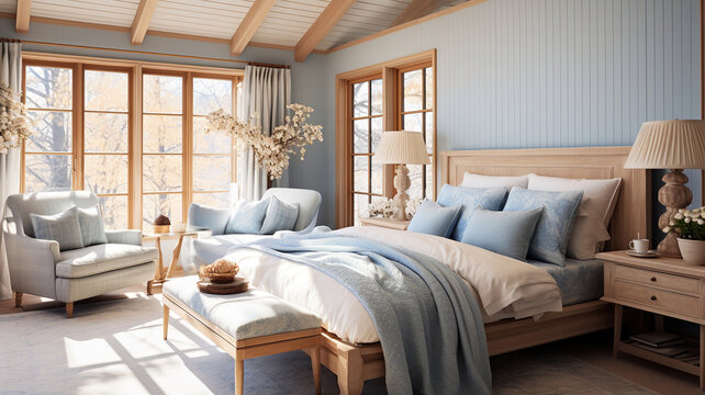 Rural Tranquility. Bedroom Decor Melds Homey Style and Modern Comfort. Generative AI