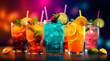 Colorful Mocktails: Creative Images of Vibrant and Alcohol-free Mocktails, Garnished with Fresh Fruits, Herbs, and Colorful Straws, appealing to Non-Alcoholic Beverage Enthusiasts. Ai Generated 8K.