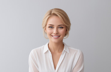 Fototapeta premium A woman on white background for advertisement. Copy space. She is smiling with a laugh. Help for dentist, office, HR, web assistant, online support. Positive and confident saleswoman or businesswoman.