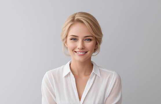 A woman on white background for advertisement. Copy space. She is smiling with a laugh. Help for dentist, office, HR, web assistant, online support. Positive and confident saleswoman or businesswoman.