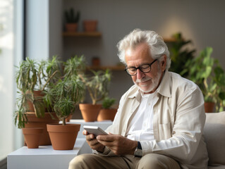 70 years old man sitting with cellphone in hand.