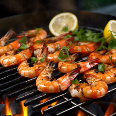 Camarones a la parrilla con un fondo difuso con especias y limón. 