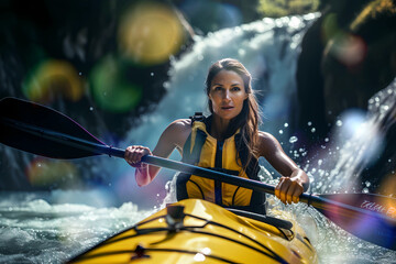 woman kayaking in mountain river with waterfalls - obrazy, fototapety, plakaty