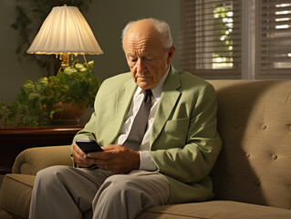 70 years old man sitting with cellphone in hand.