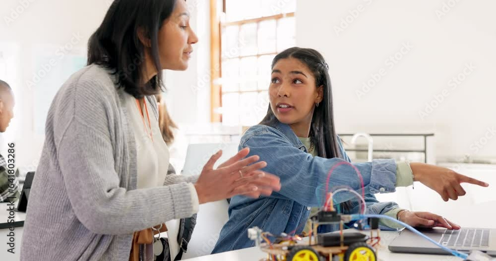 Aufkleber robotics, teacher and high five of student on laptop in classroom, achievement or learning science. 