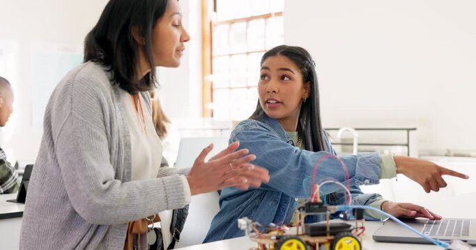 Robotics, teacher and high five of student on laptop in classroom, achievement or learning science. Engineering, educator and teenager celebrate success, happy girl and study education at high school
