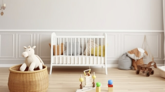 An Empty Nursery Adorned with Basket, Toys, and Wooden Horse. Generative AI