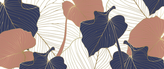 Stylish botanical background with tropical leaves in coral and blue tones with gold outline. Luxury background for decor, wallpapers, covers, cards and presentations.