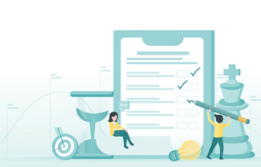 Business ideas and checklist concept. Business people holding big pencil sign on checklist paper. Making plans, reminder and assignments for success. Flat vector design illustration with copy space.