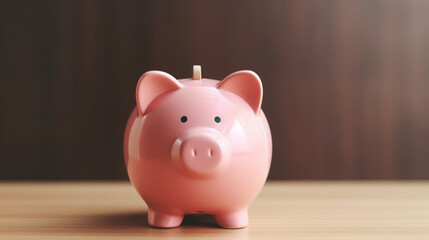 Pig piggy bank safe, money savings financial concept, ceramic piggy on wooden table top in living room