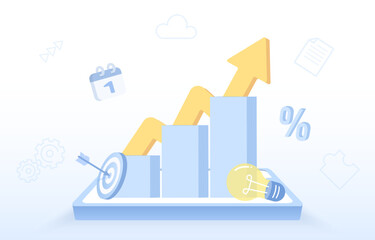 Business startup concept. Arrow pointing up, business growth and increase. Goal setting, target, strategy management, tactical planning, improvement and development. Flat vector design illustration.