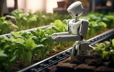 Innovative agri-tech integration: Robotic transplanting and AI-crafted nurturing in an industrial horticulture farm. Concept elevating greenery solutions.